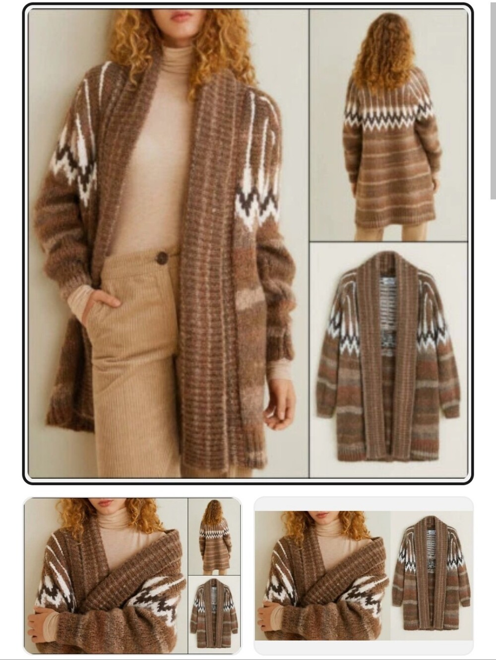 Cozy Brown MANGO JACQUARD PATTERN WOOL BLEND S/M Oversized CARDIGAN